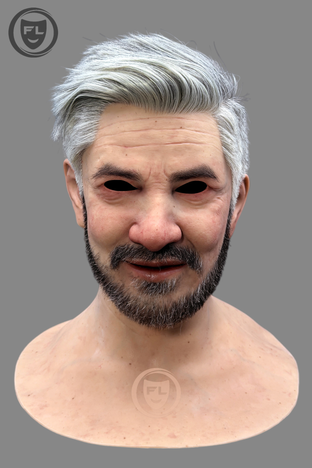 Realistic male silicone mask with beard and silver hair