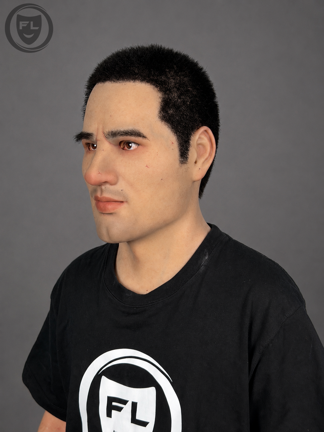 Realistic adult male silicone mask with short black hair side view