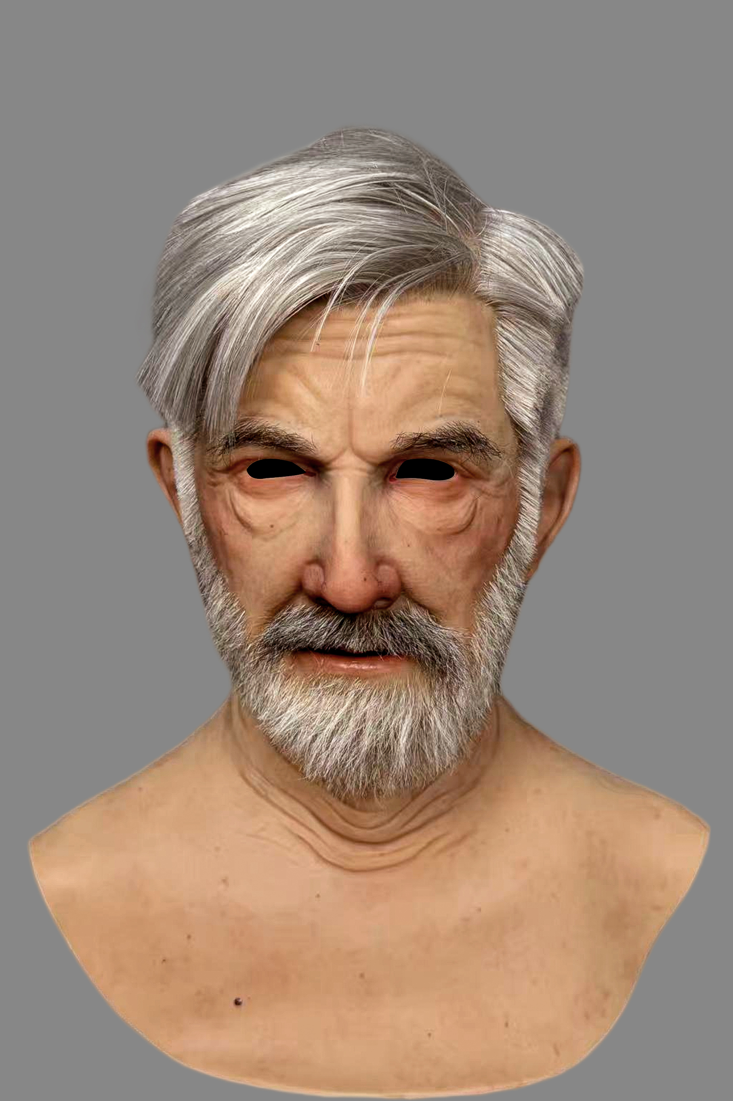 High-end realistic elderly Caucasian male silicone mask with silver-gray hair, thick beard and ultra-detailed skin veins, front view.