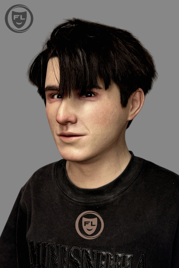 Young male silicone mask left side angle