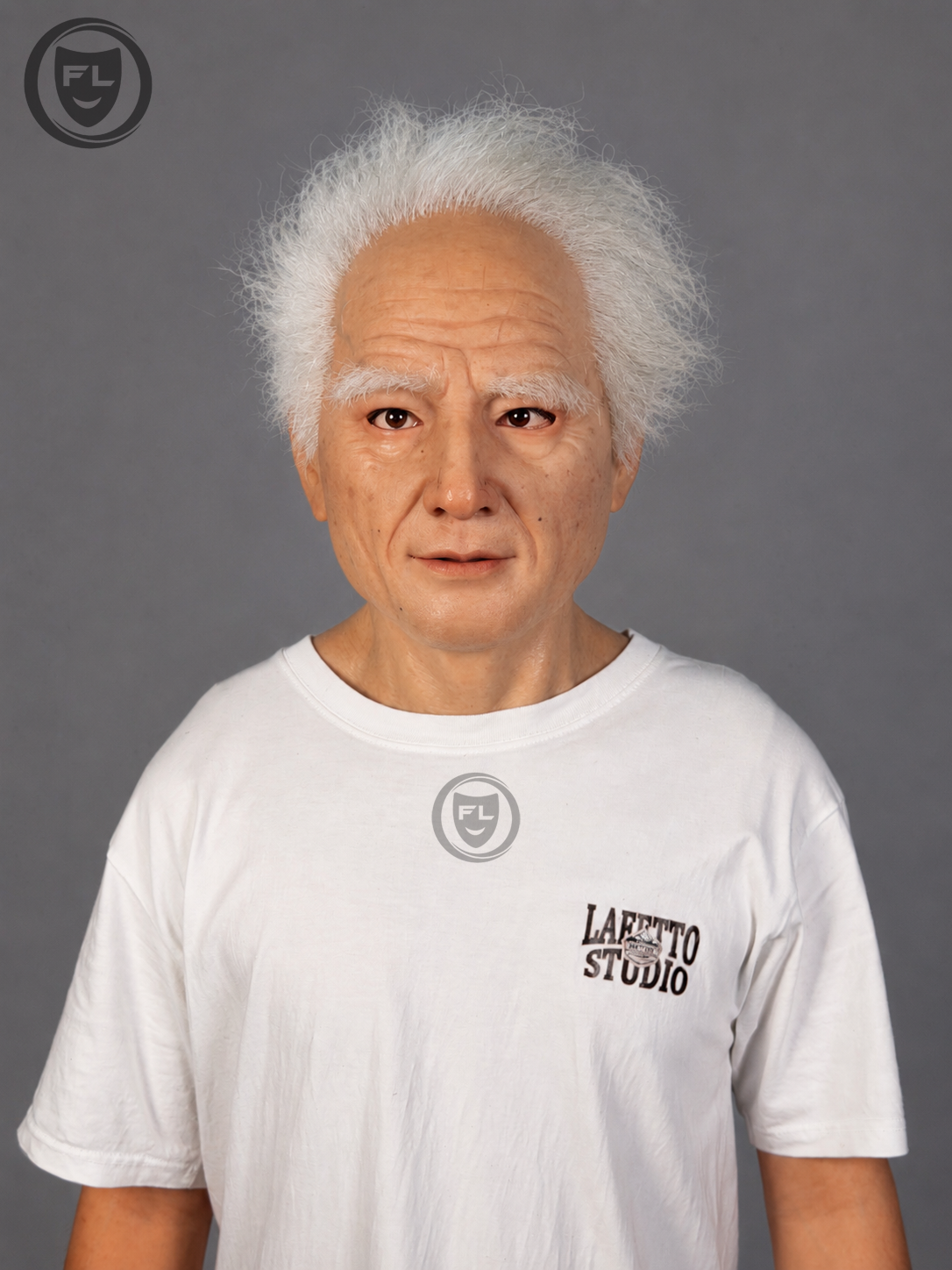 Professor Edwin full head elderly silicone mask displayed from front