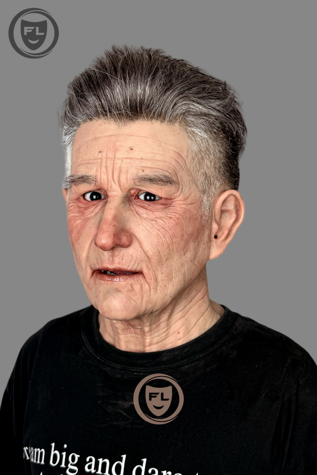 Old man disguise silicone mask profile view