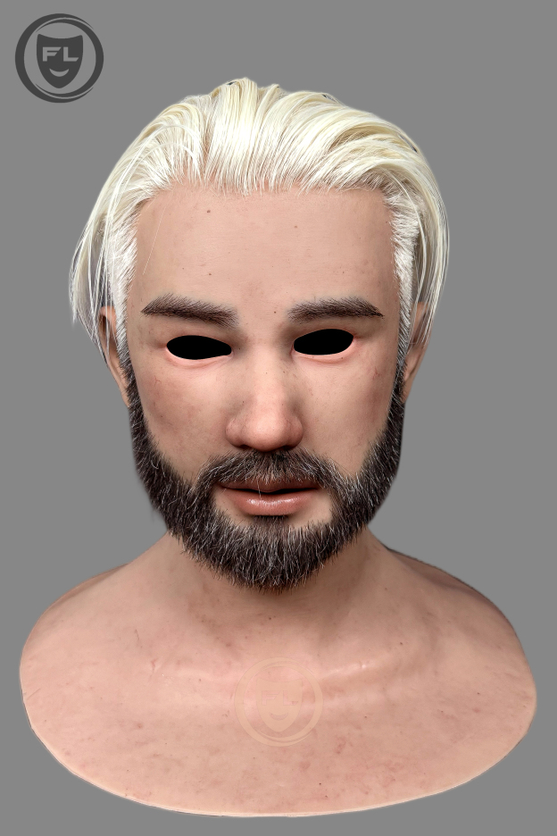 Full head white hair silicone mask close-up