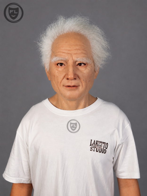 Professor Edwin full head elderly silicone mask displayed from front