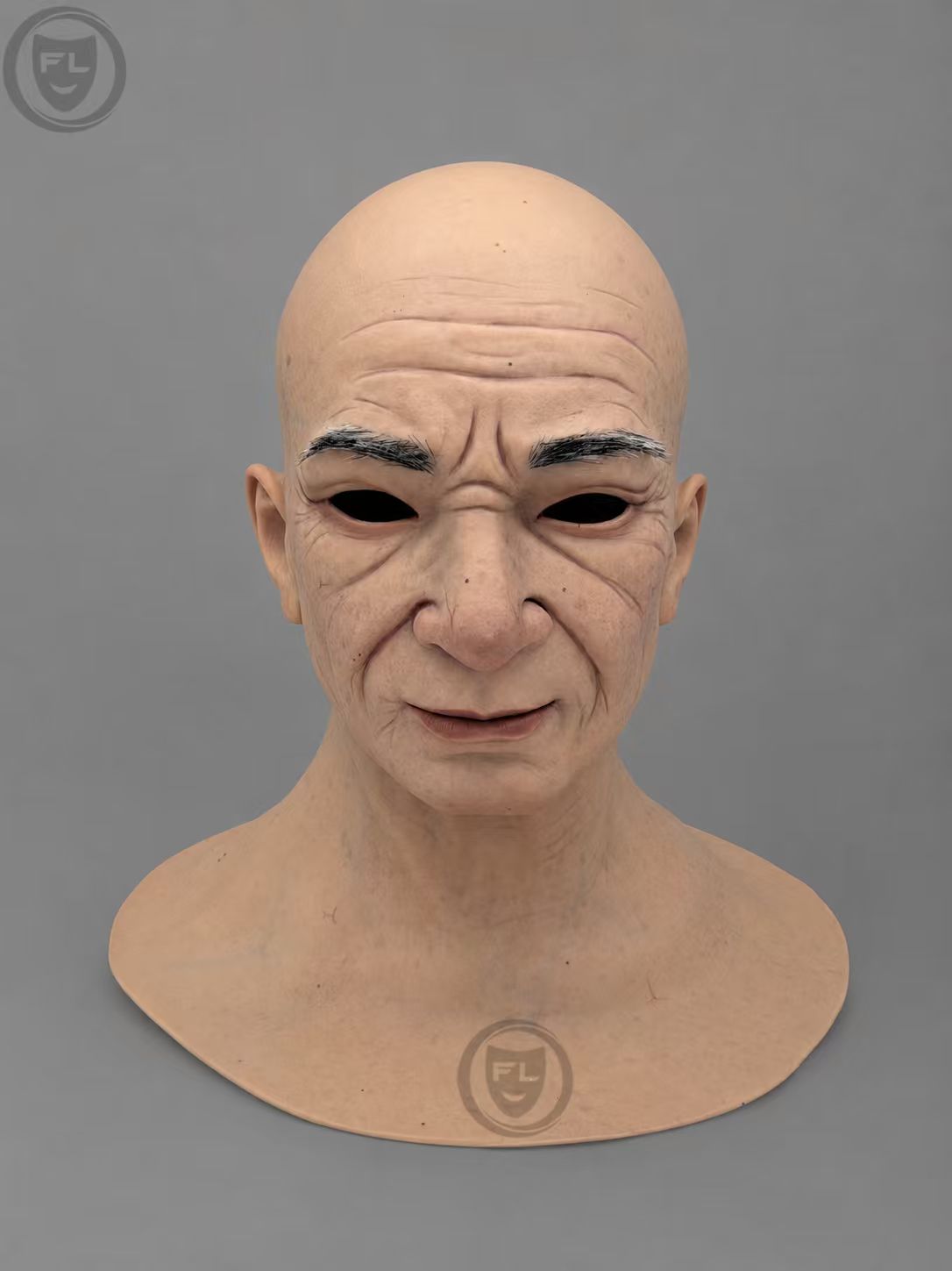 Silicone Mask of an Elderly Man with a Bald Head and Wood-Grain Texture