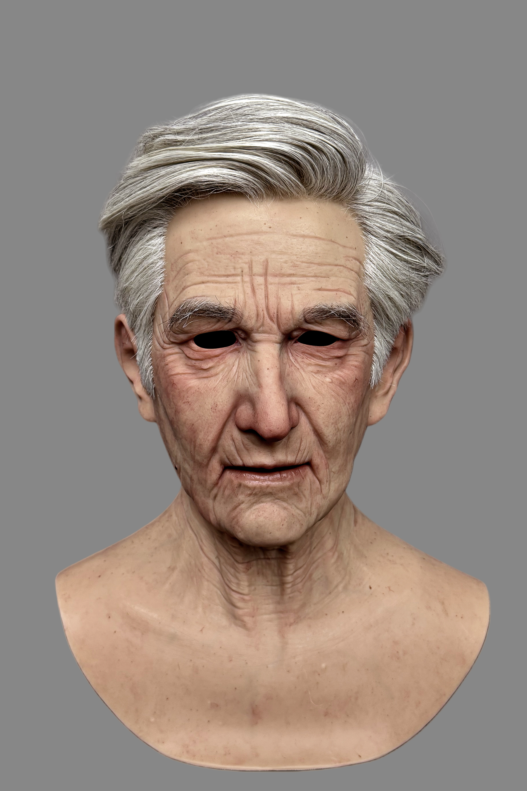 High-end hyper-realistic old man silicone mask with lifelike pores, wrinkles, and hand-painted details, front display view.