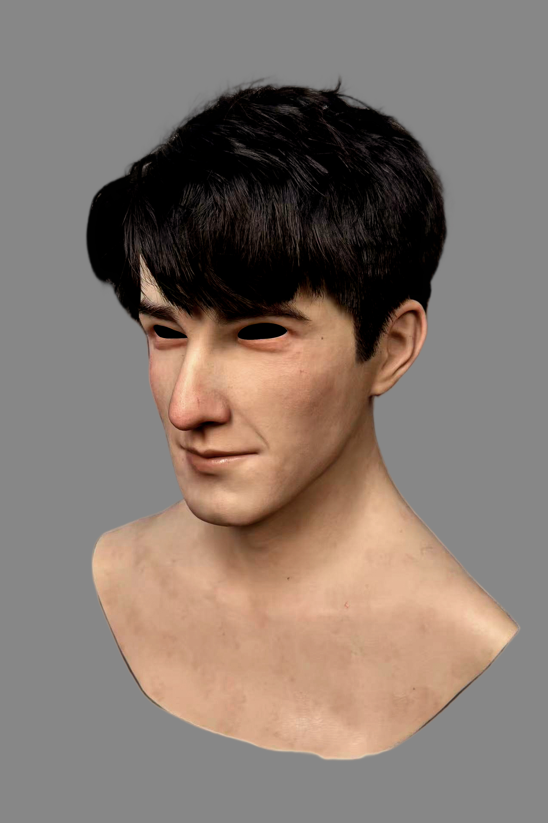 High-end realistic male silicone disguise mask with side-swept black hair and subtle smile, professional display angle.