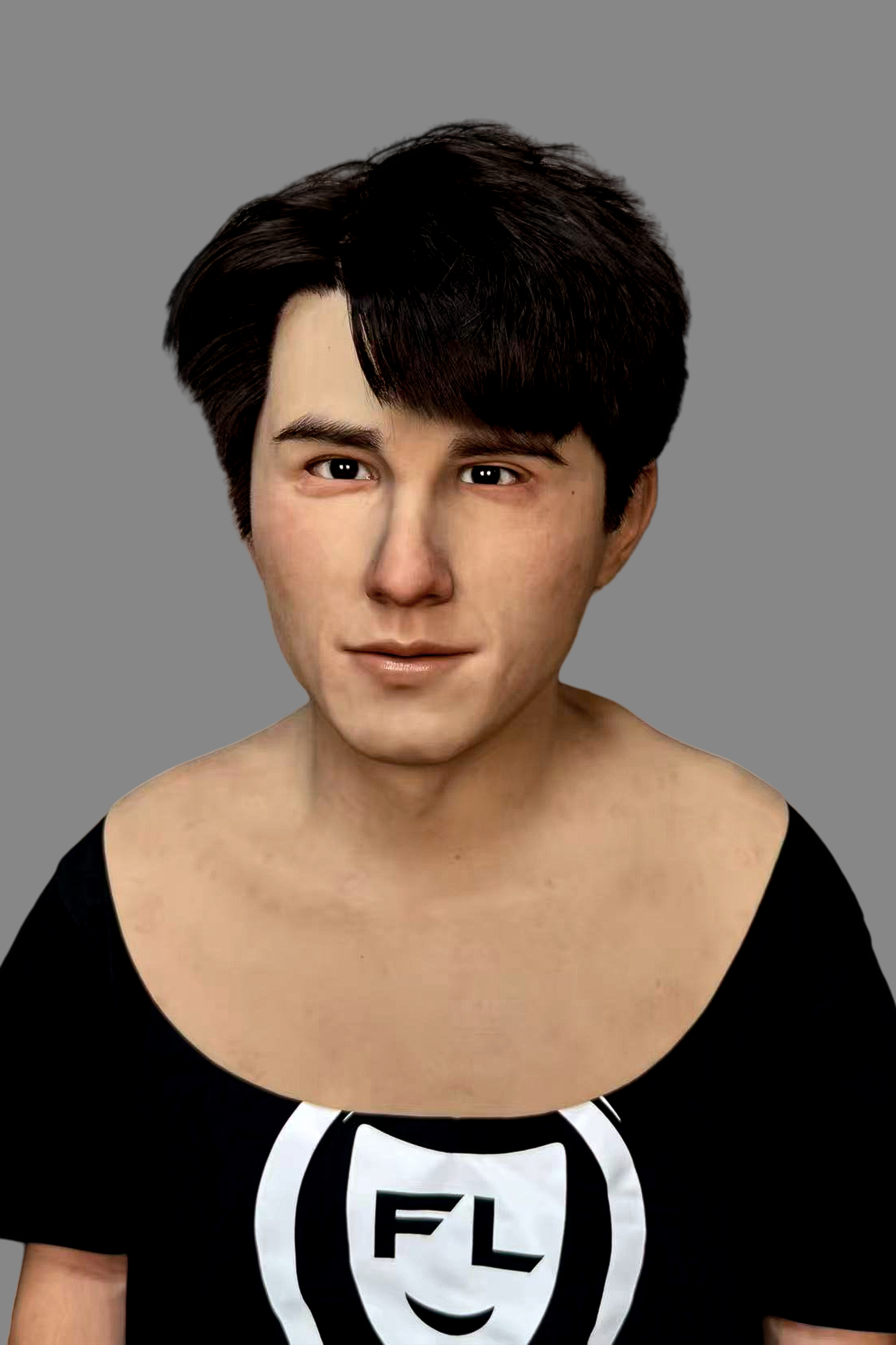 Hyper-realistic young  male silicone mask with short black side-parted hair, natural skin pores and slight smirk, left side view on model.