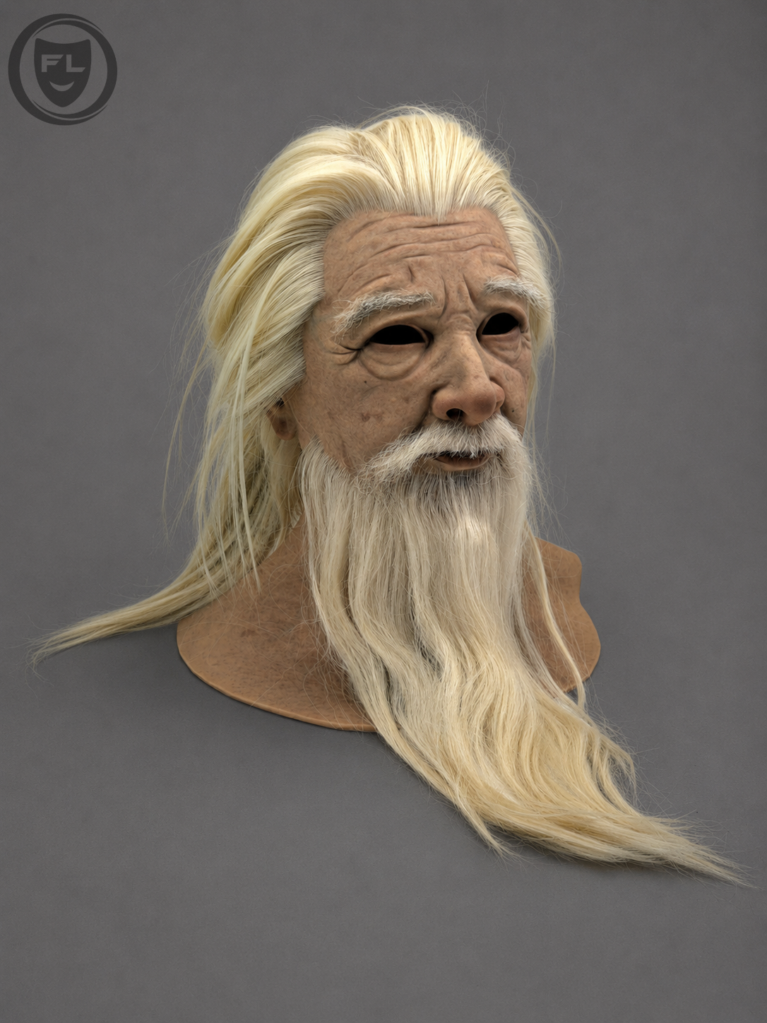 Old man silicone mask with wrinkles long hair and extended neck coverage