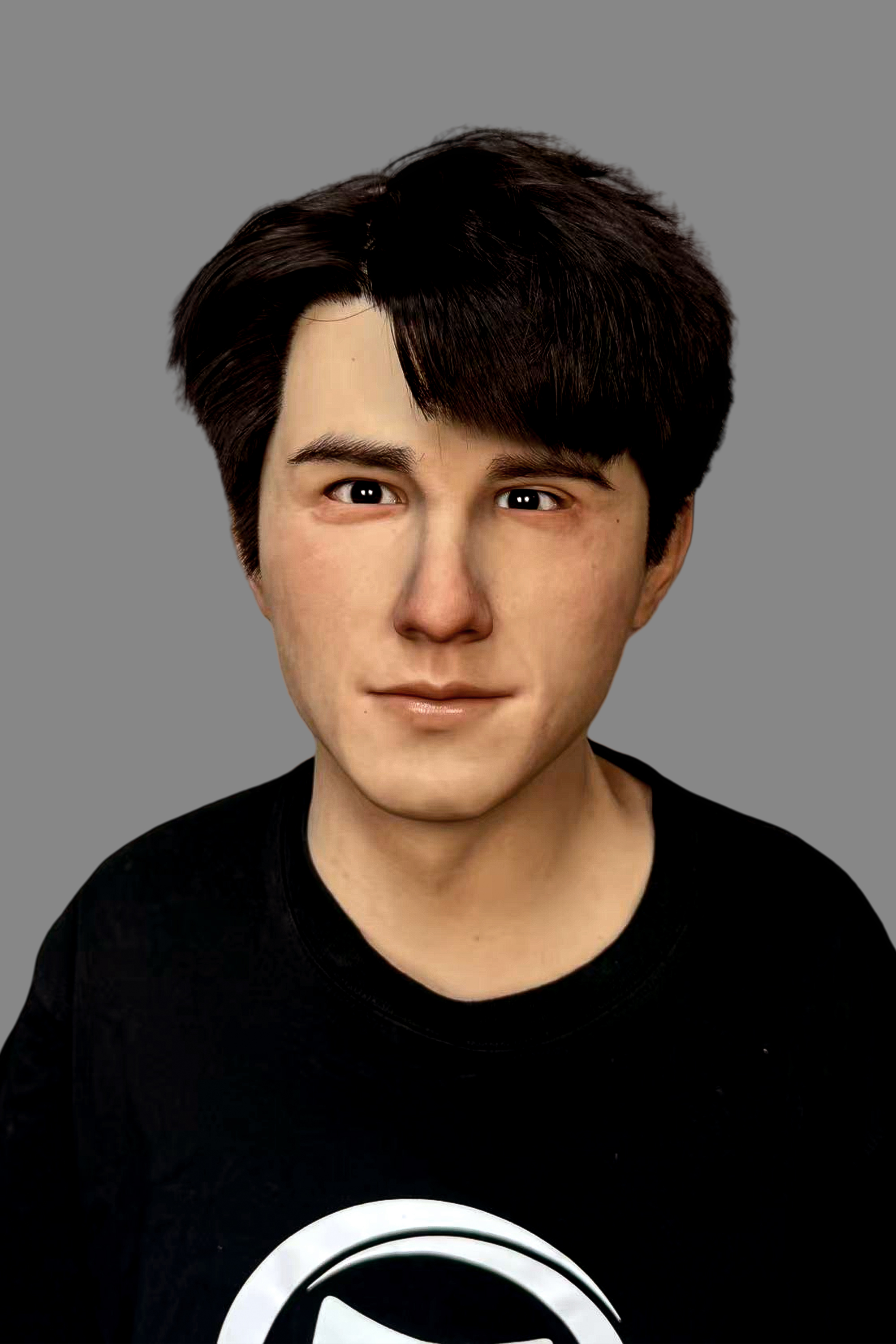 Ultra-lifelike East young man silicone disguise mask with realistic black hair and gentle smile, front display with seamless neck.