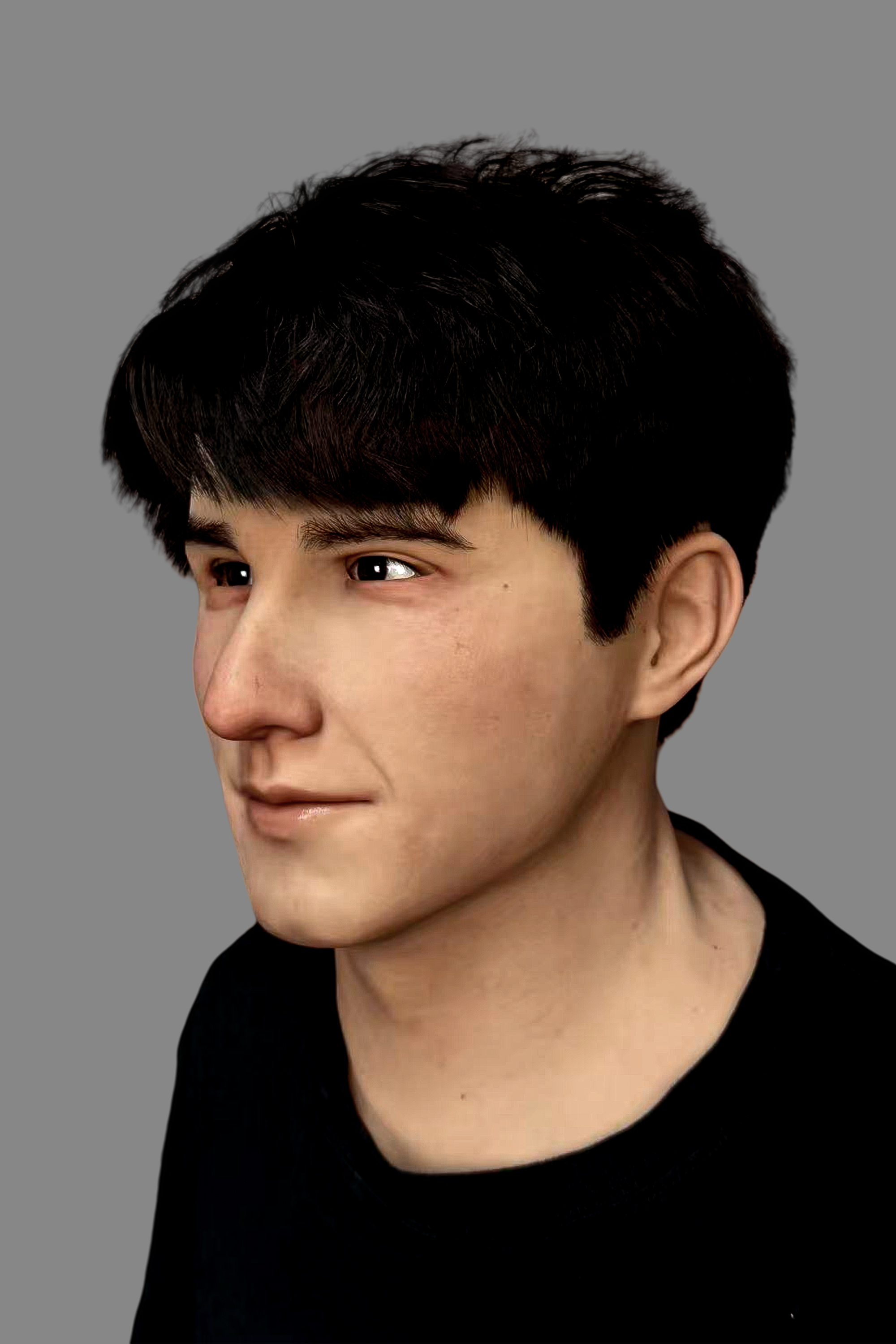 Professional-grade realistic young guy silicone mask with short black hairstyle and lifelike skin details, angled front view.