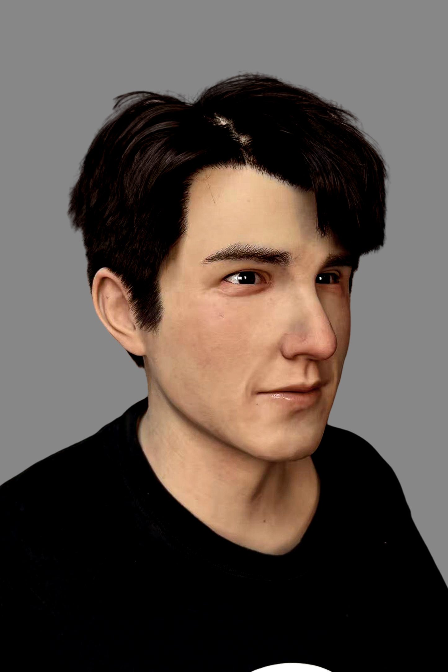 Premium hyper-realistic male silicone mask featuring hand-punched black hair, natural skin texture and calm expression, worn on model.