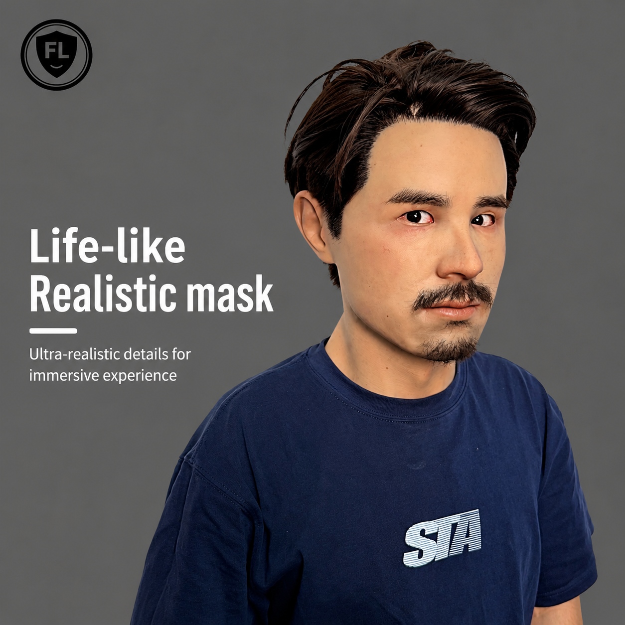 lifelike Asian male silicone mask front portrait