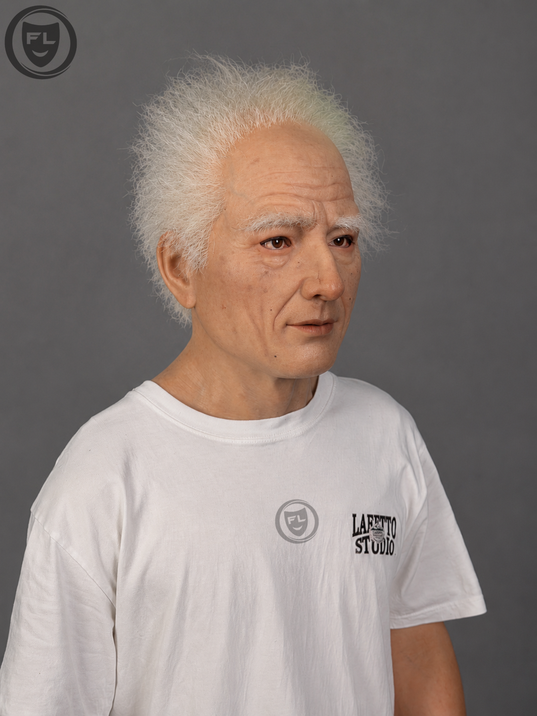 Realistic old man mask with wrinkles age spots and white eyebrows