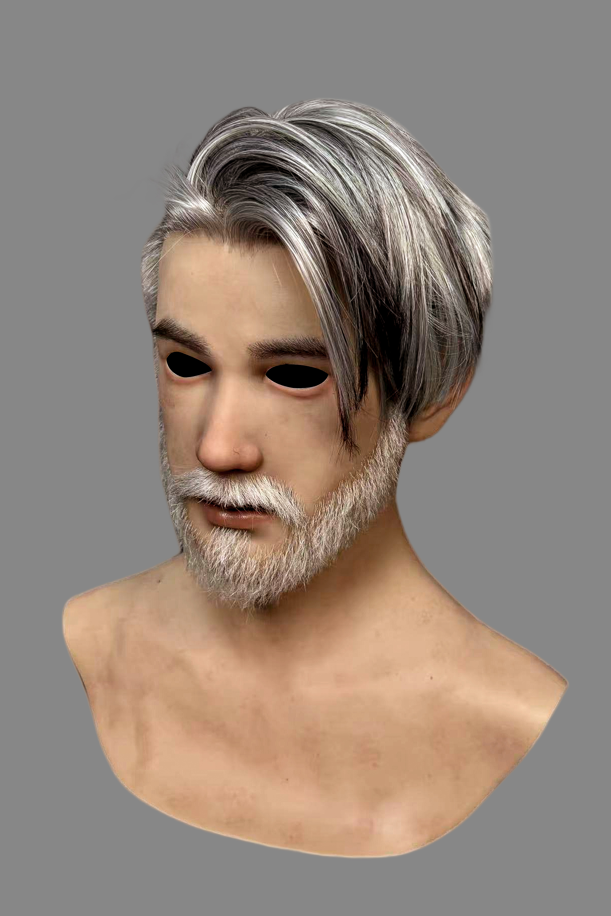 High-end hyper-realistic old man silicone mask with long silver-gray hair and thick white beard, clean right side profile.