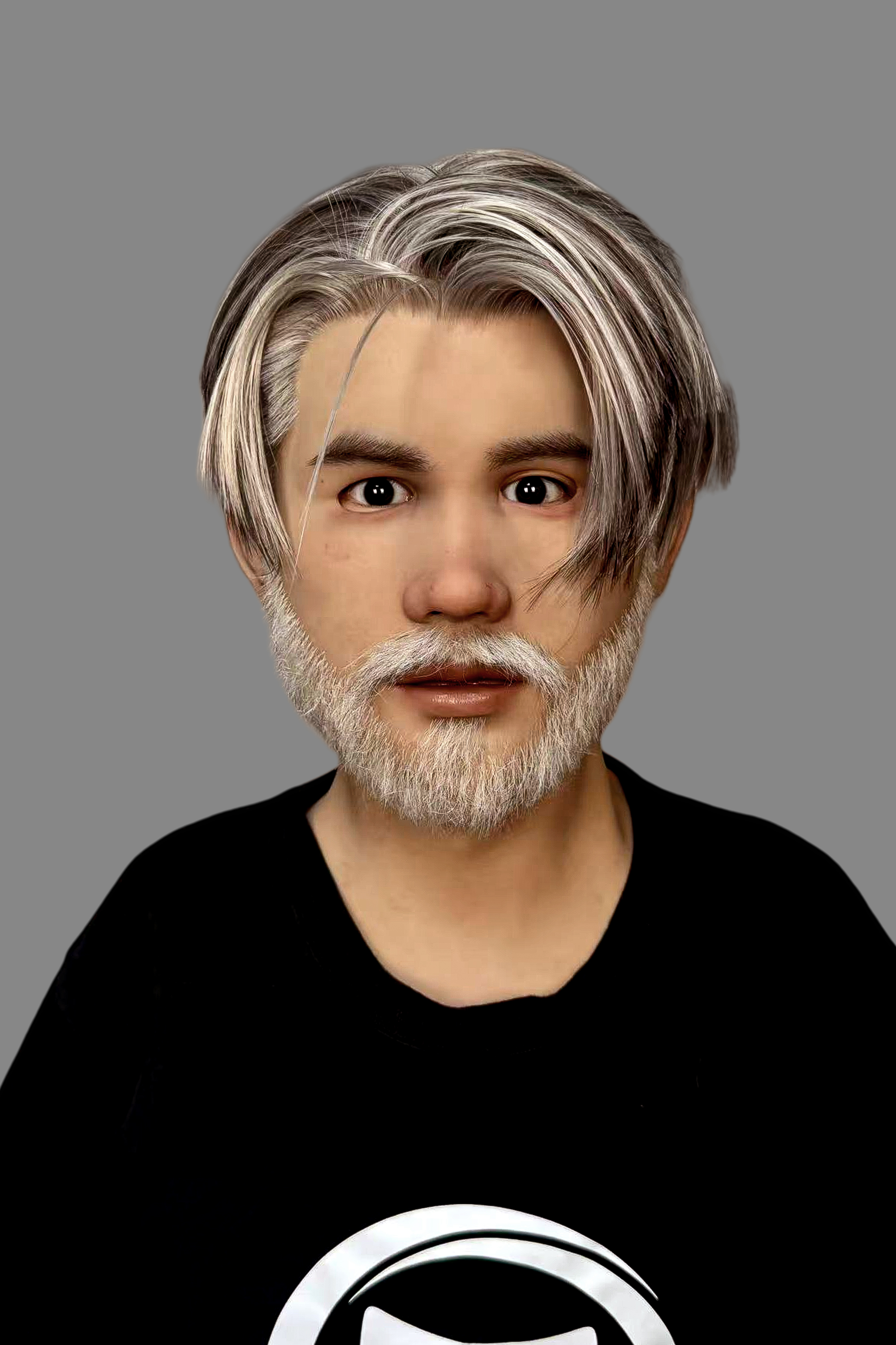 Ultra-lifelike elderly gentleman silicone disguise mask featuring hand-punched silver hair and thick white beard, side angle with natural ear detail.