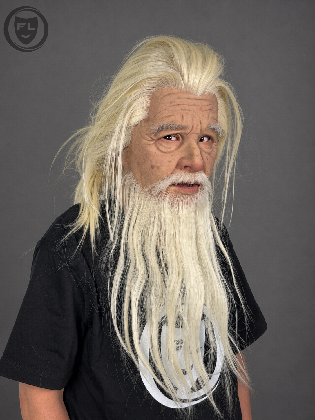 Old man silicone mask with flowing white beard worn from right side