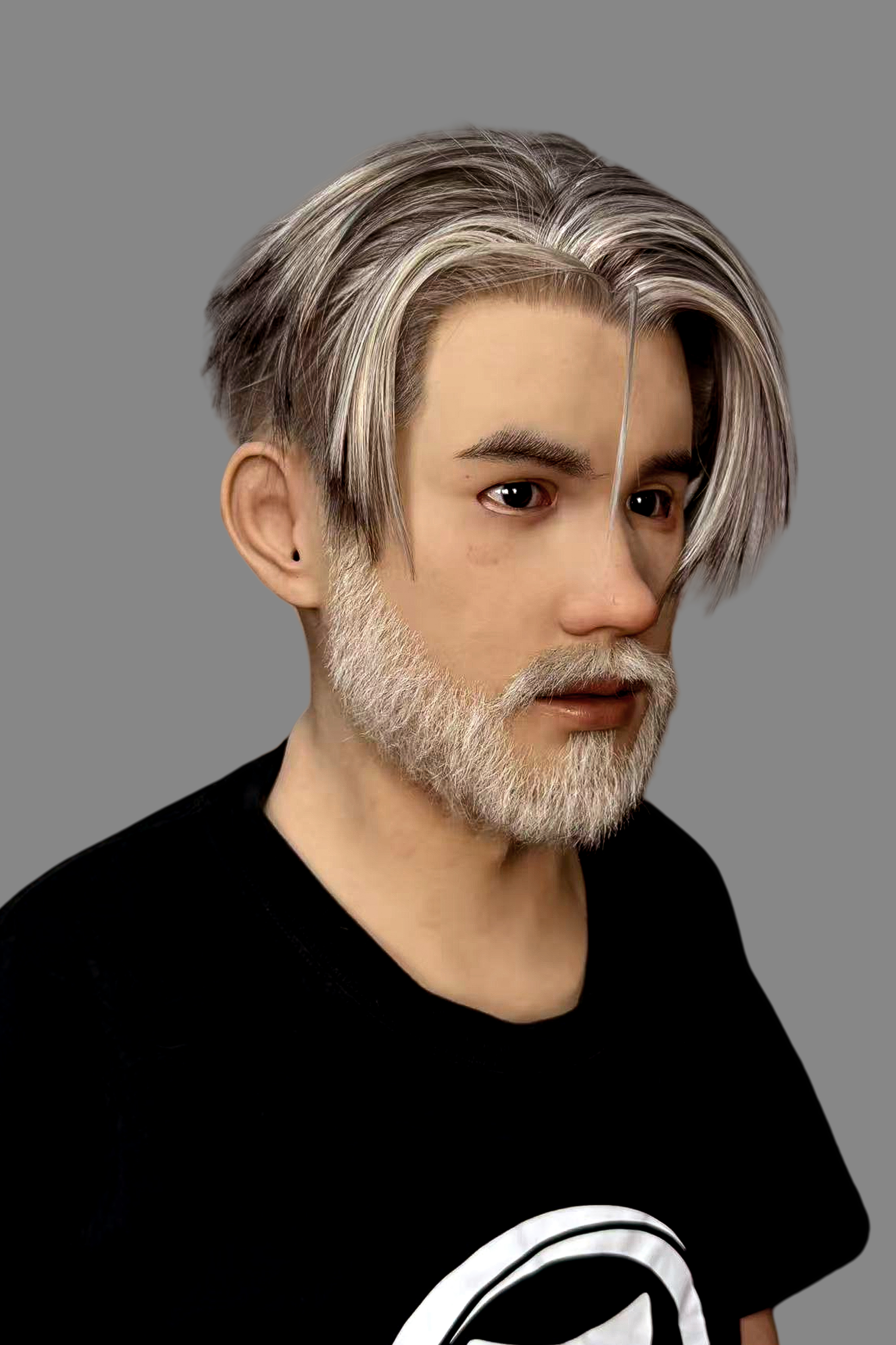Premium hyper-realistic old man silicone mask with long silver-gray hairstyle, bushy white beard and lifelike pores, front view worn on model.