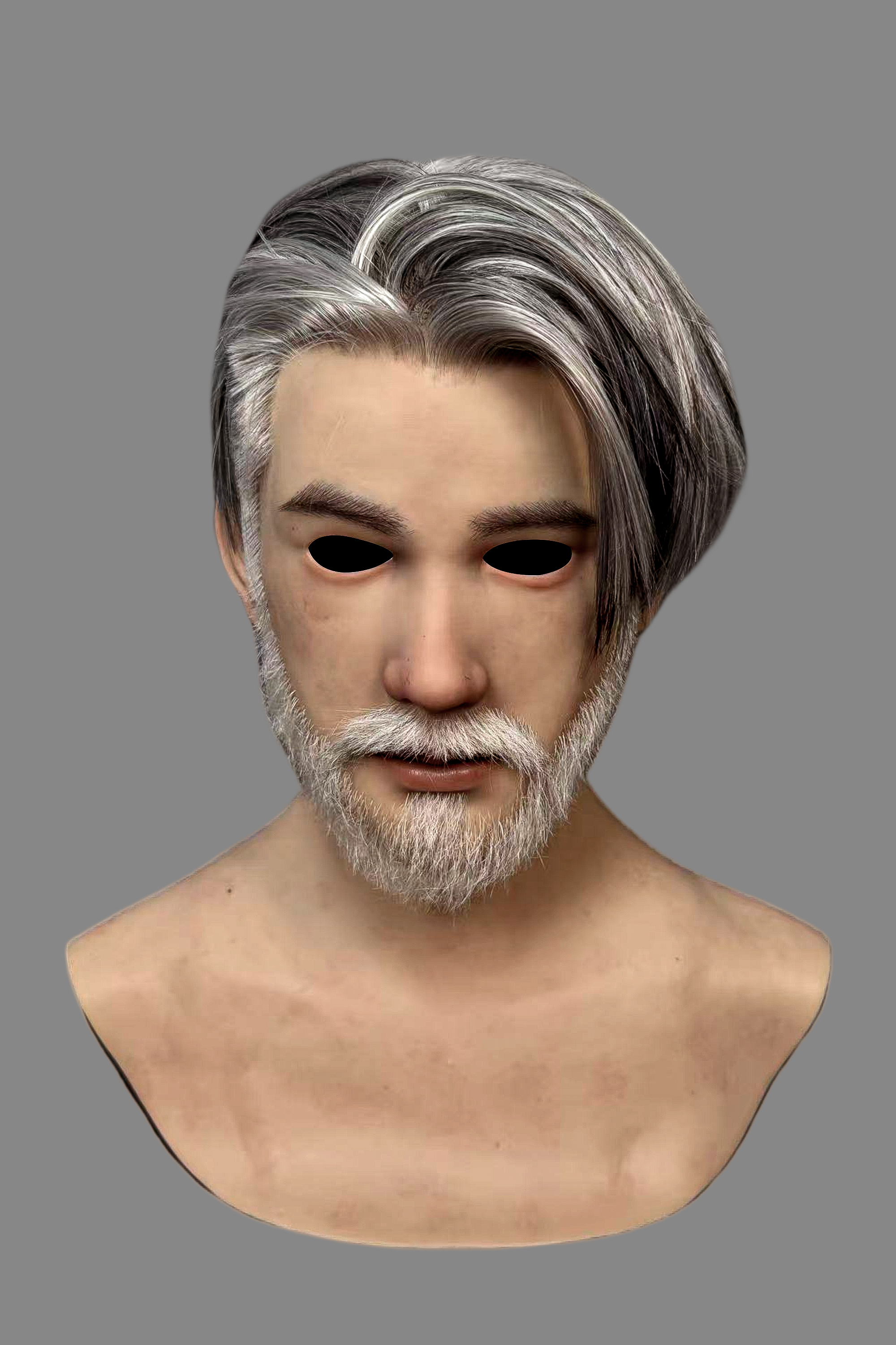 Lifelike elderly male silicone disguise mask featuring handcrafted silver hair and full white beard, seamless neck blend, front view.