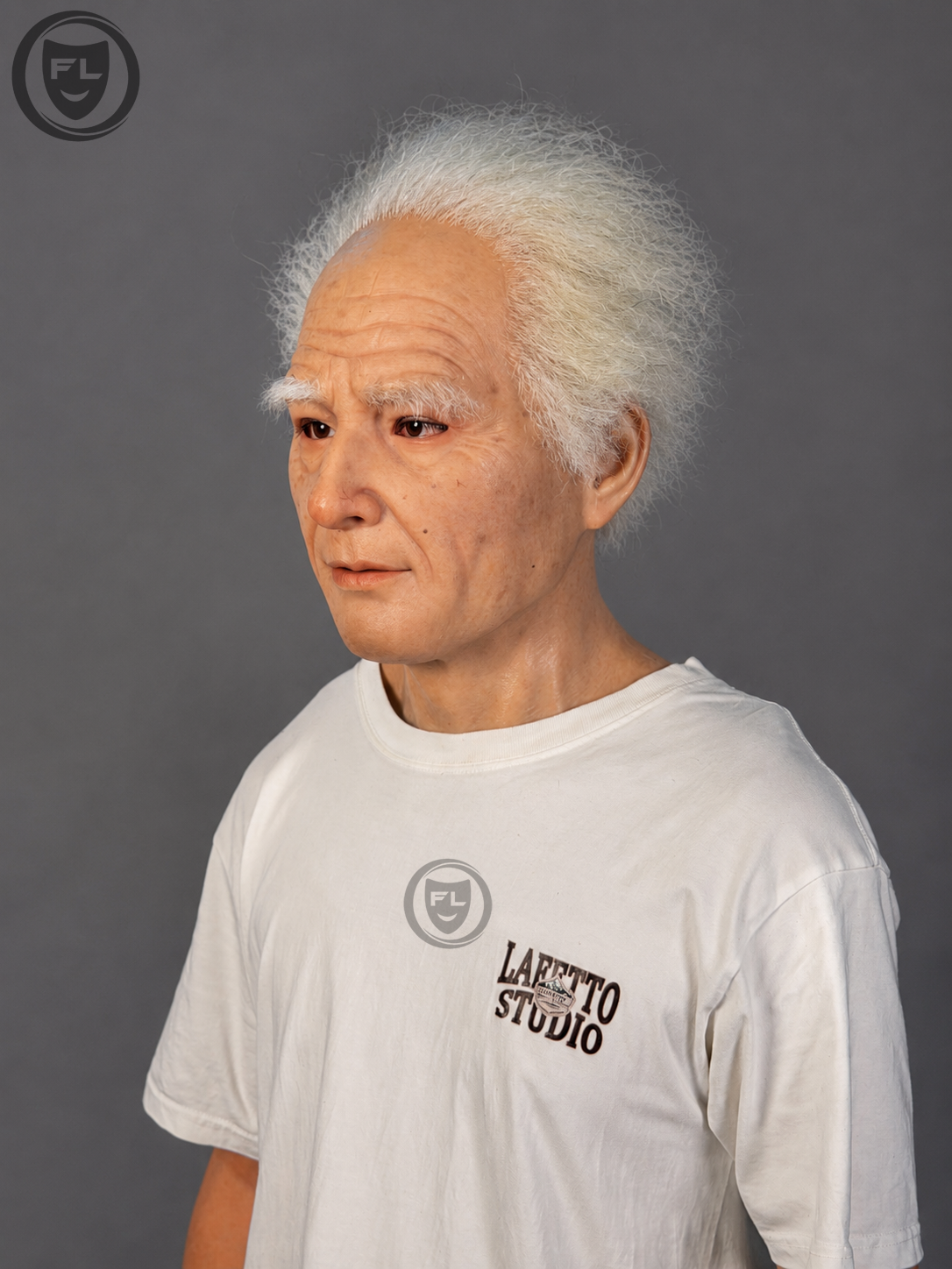 Full head old man silicone mask with implanted white hair side view