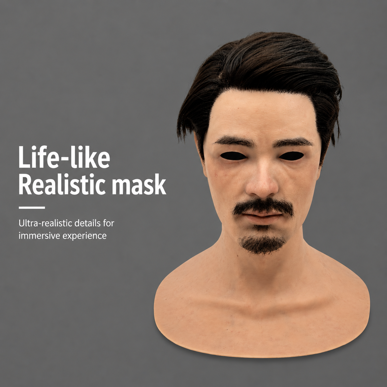 realistic Asian silicone mask worn by male model