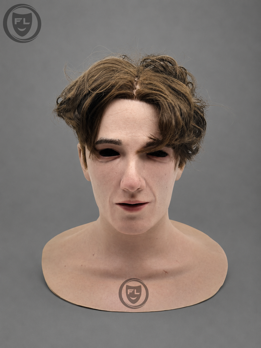Adrian realistic silicone mask with brown hair displayed from front