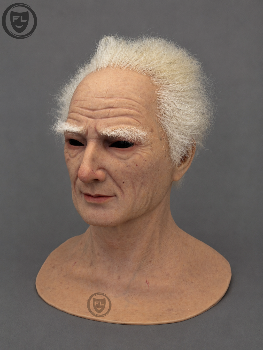 Old man silicone mask with implanted white hair worn from right side
