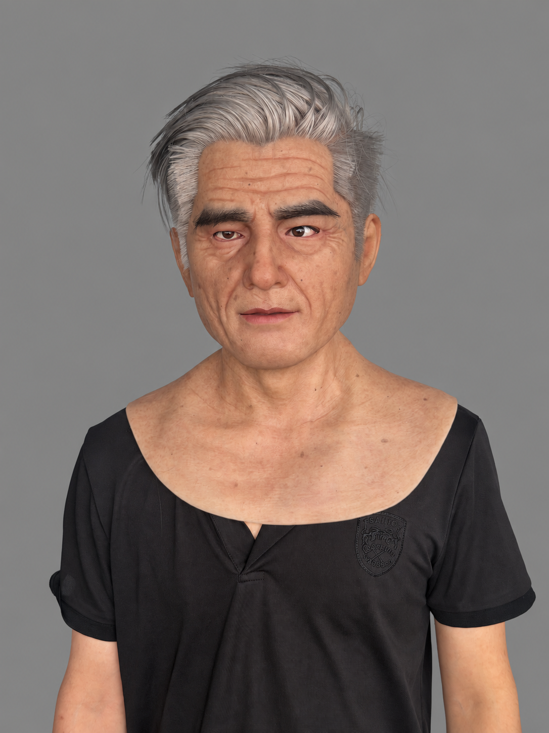 Silicone mask of an old man with realistic facial features and silver hair