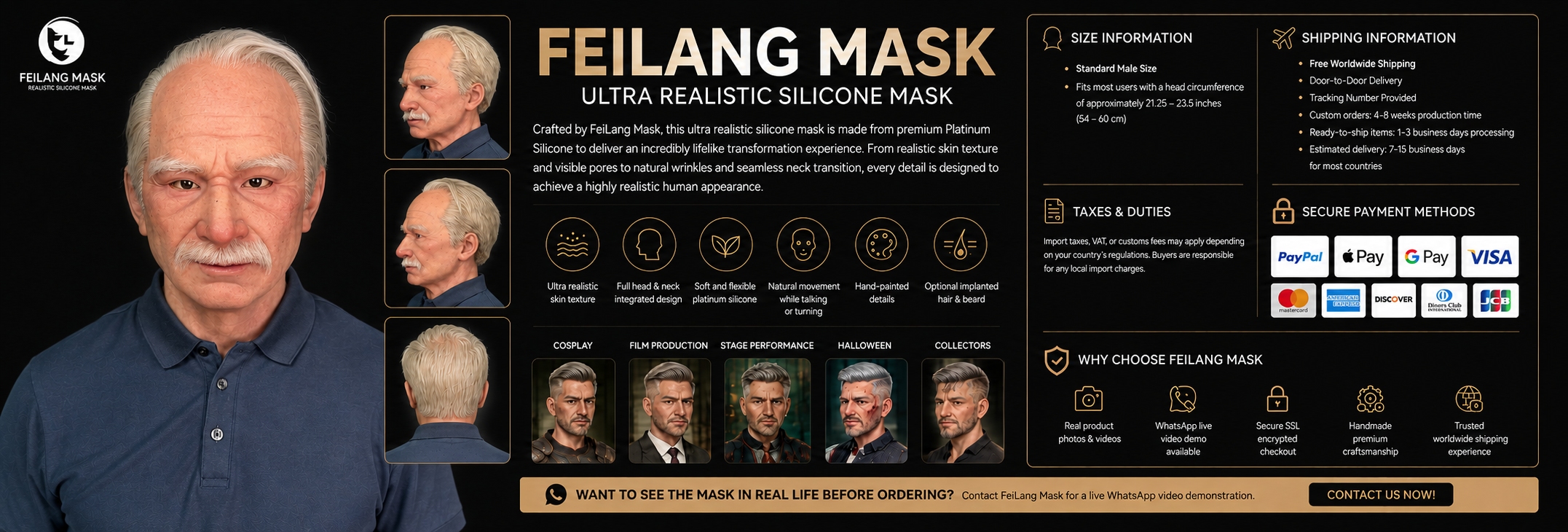 Hyper realistic old man silicone mask handmade with platinum silicone by FeiLang Mask for cosplay, Halloween, film production and professional transformation