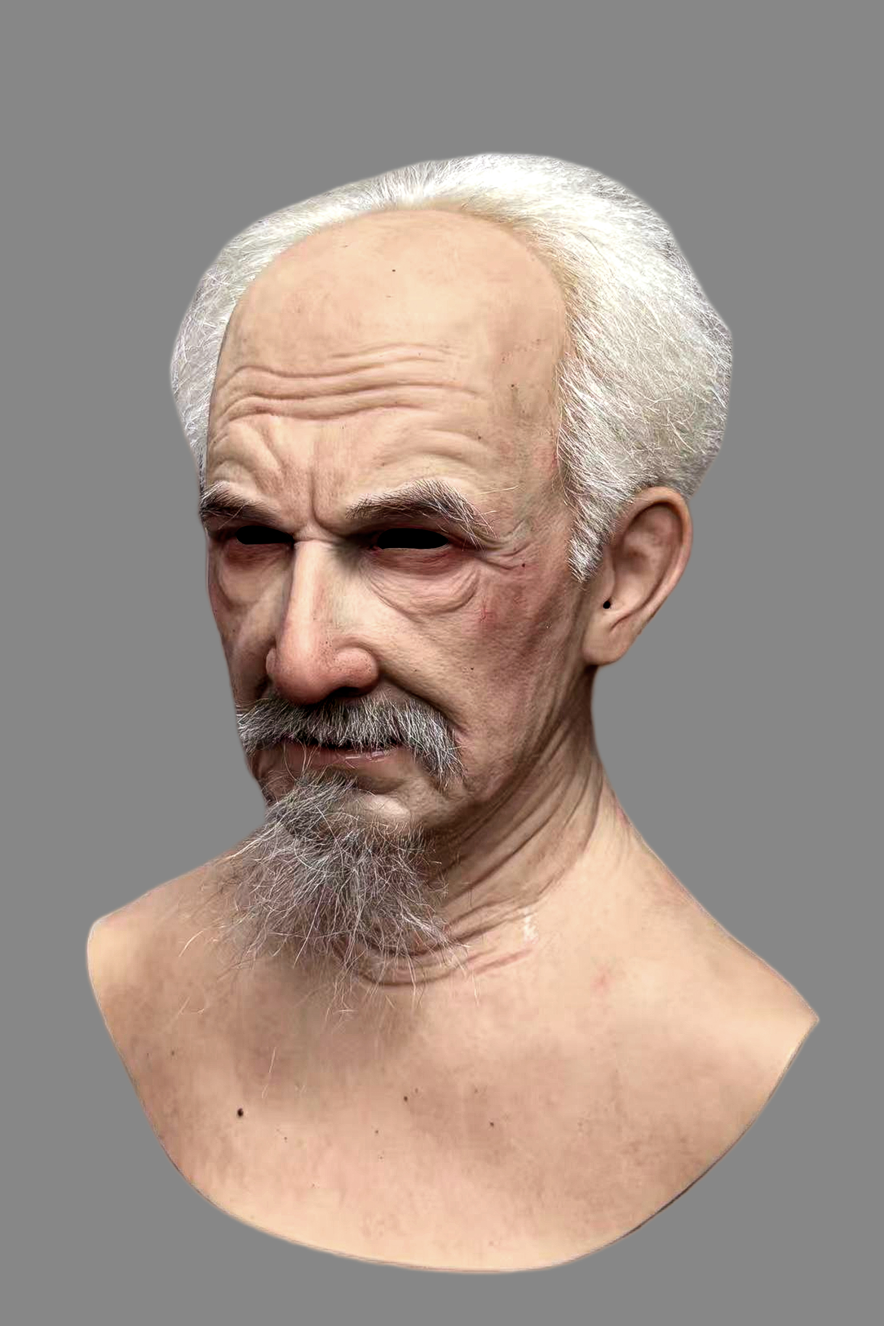 Lifelike old man silicone full-head mask with white beard, realistic ear detail and hand-punched white hair, right side view on model.