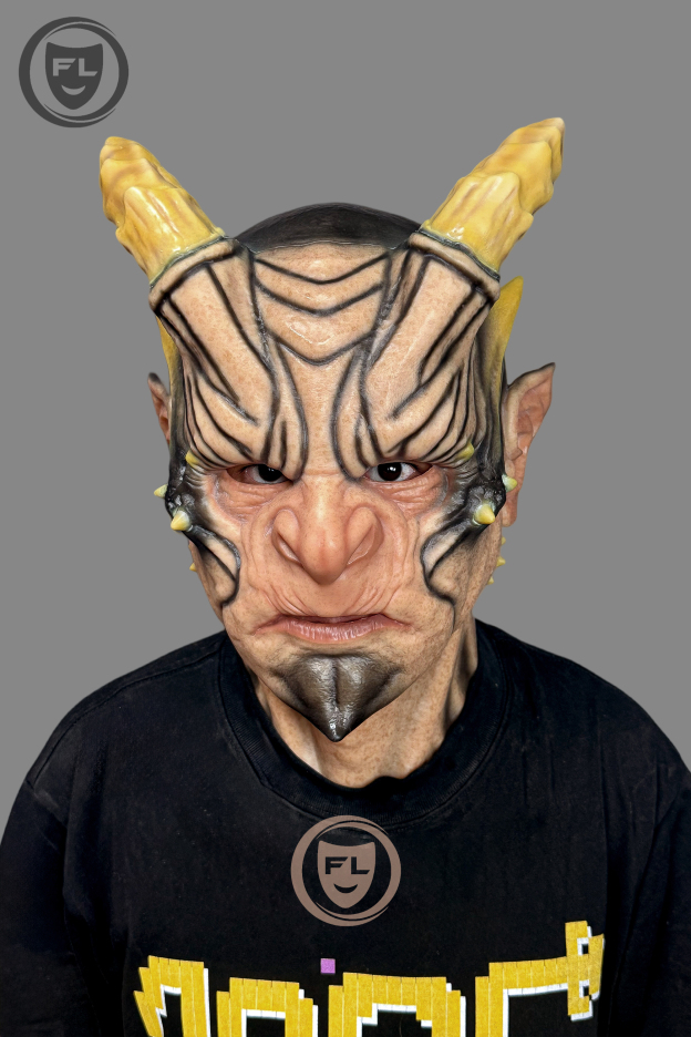 Demon cosplay silicone mask worn by model