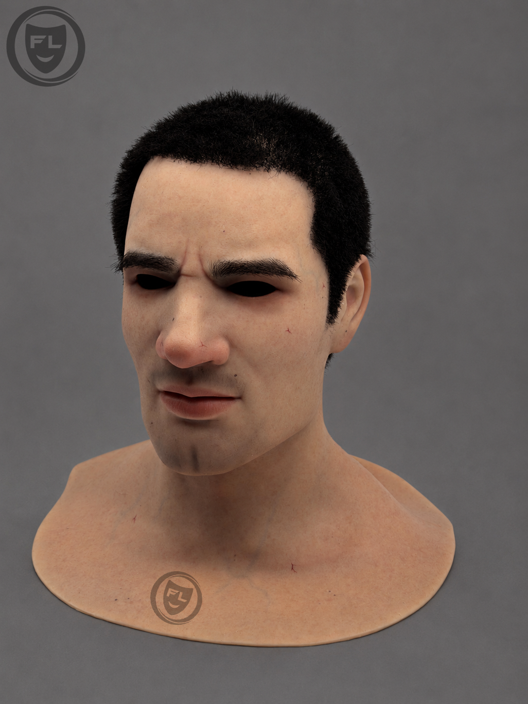 Realistic male silicone mask showing skin texture and neck coverage