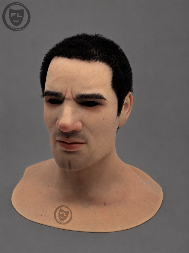Realistic male silicone mask showing skin texture and neck coverage