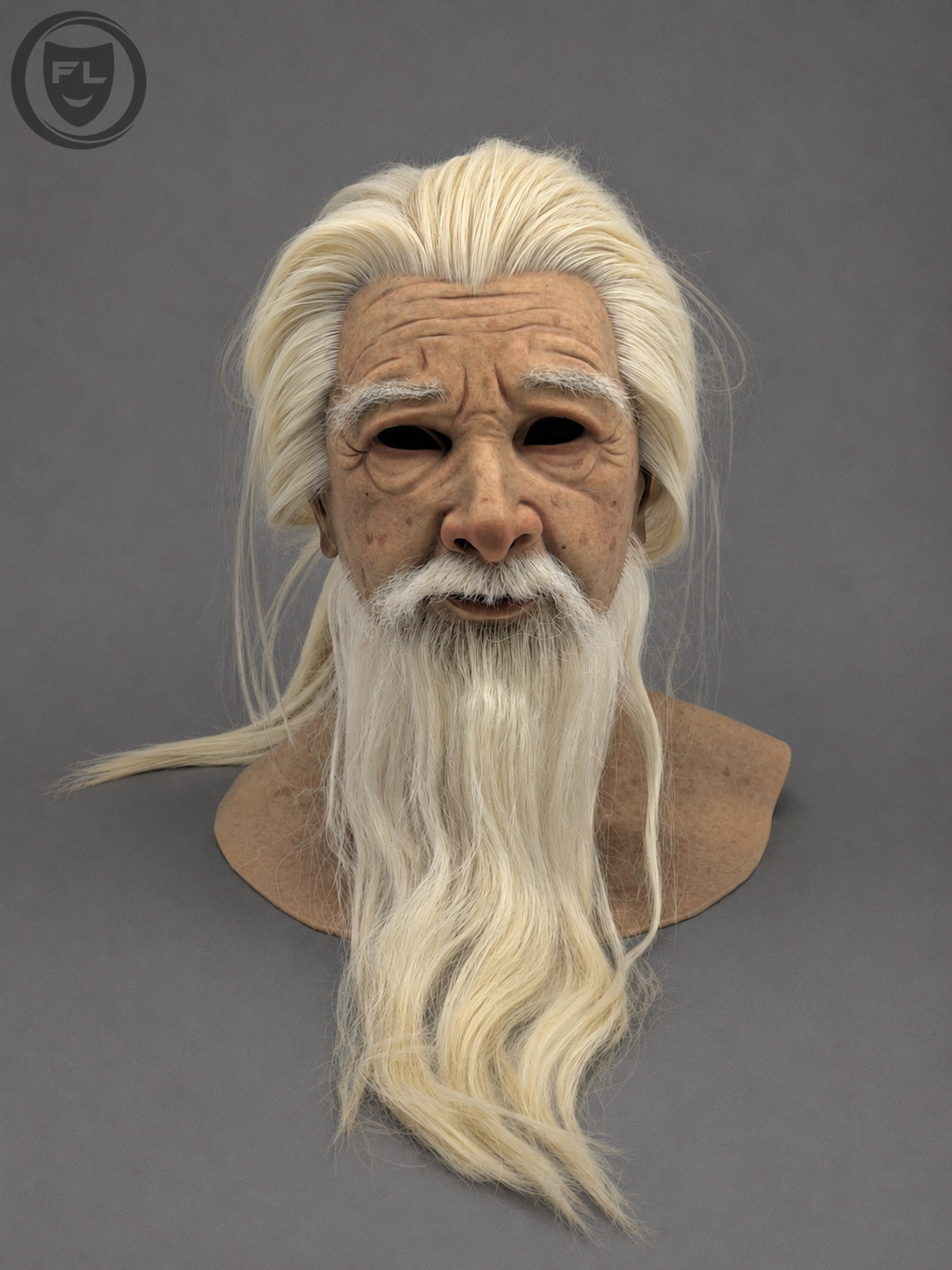 Eldric full head old man silicone mask with long white beard front view