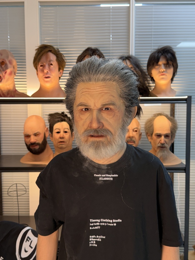 Realistic male silicone mask with gray hair and beard