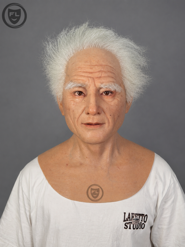 Professor Edwin realistic old man silicone mask with white hair front view
