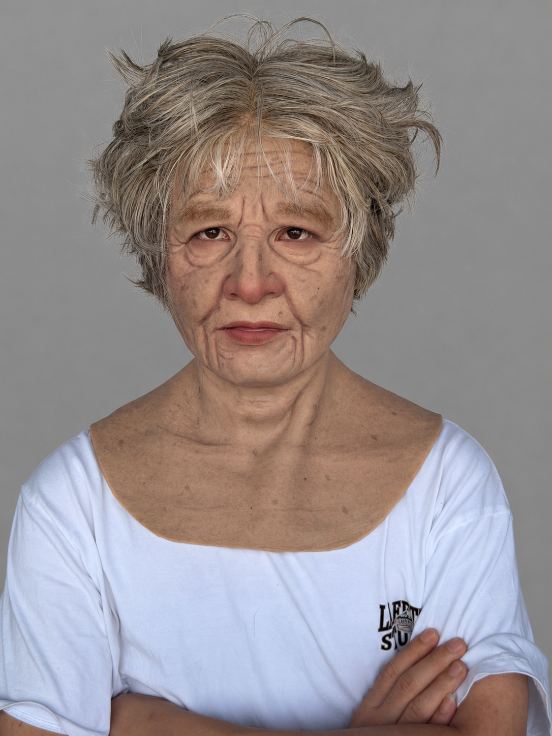 Realistic Silicone Mask of an Elderly Woman with Short Hair