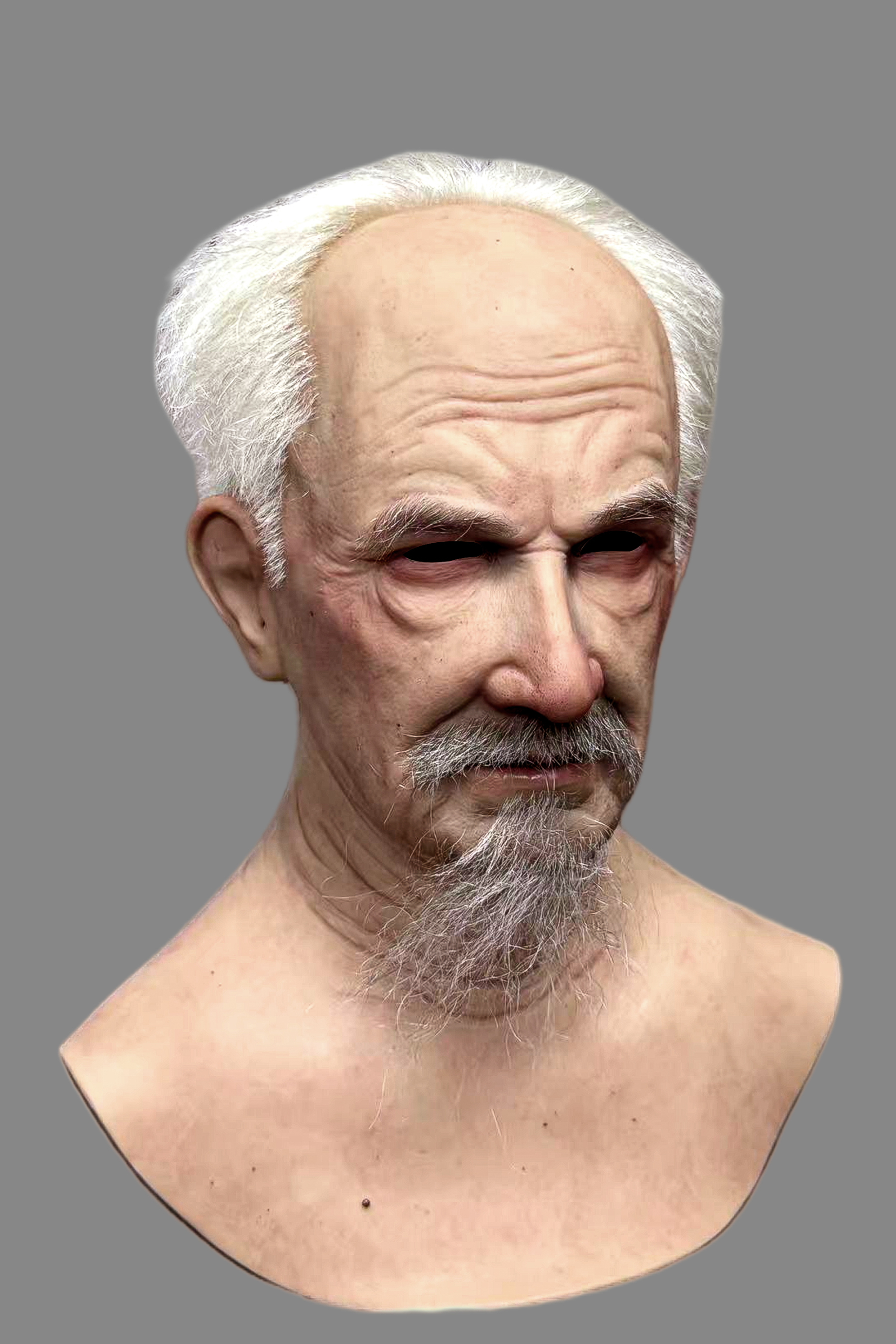 Hyper-realistic aged male silicone disguise mask with white beard, gentle expression and ultra-detailed skin veins, worn on model.