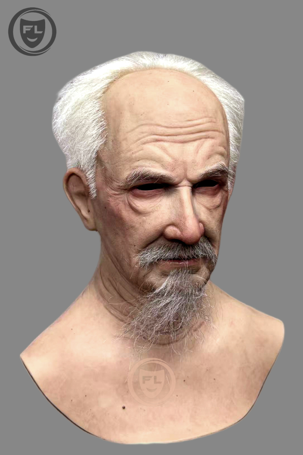 Old man silicone mask left angle view