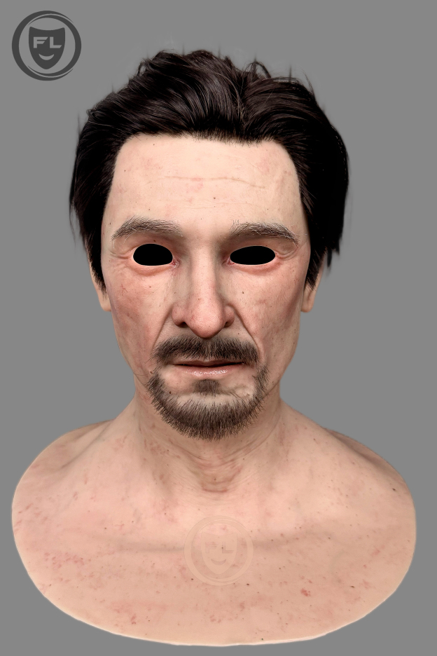 Realistic rugged male silicone mask close-up
