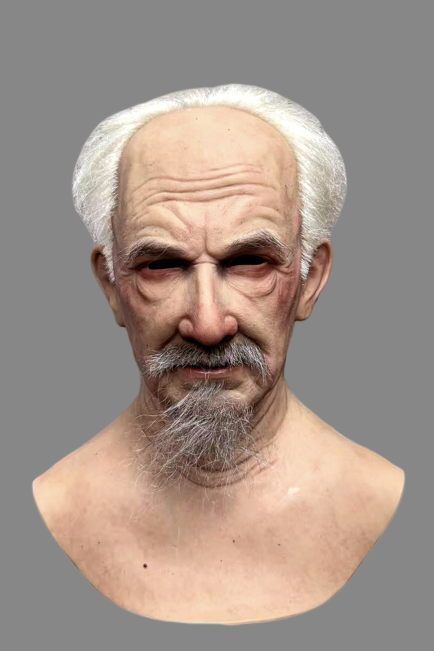 High-end elderly Caucasian silicone mask with long white beard, natural skin details and subtle mouth opening, front view on model.