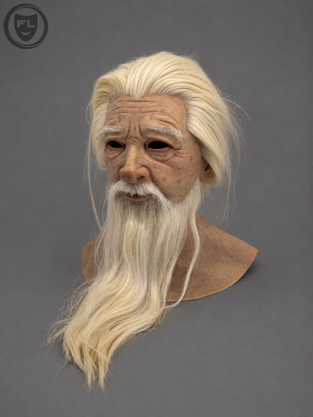Realistic wizard silicone mask showing aged skin and white hair