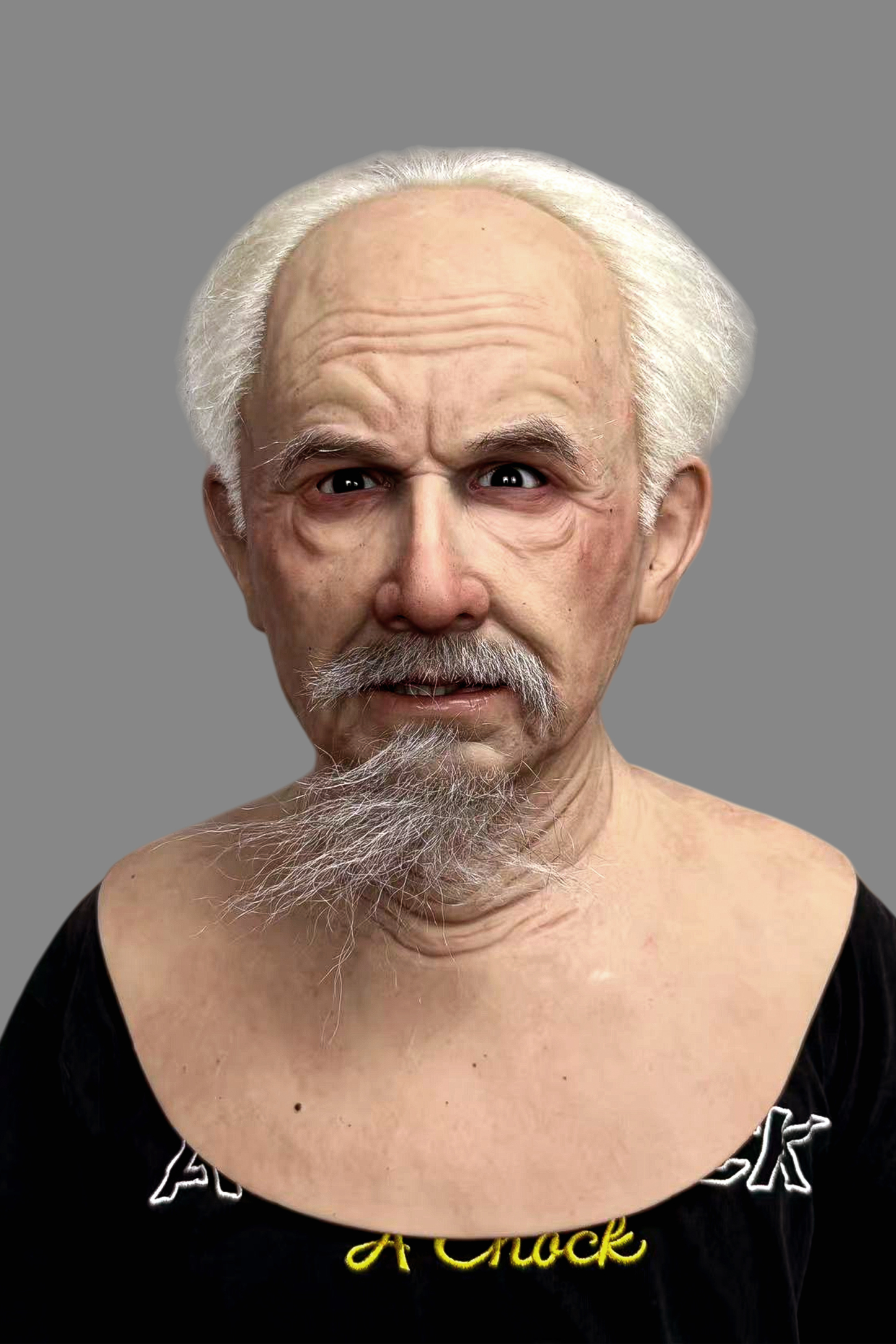Hyper-realistic elderly Caucasian male silicone mask with long white beard, bald top and white side hair, worn on model showing angry expression.