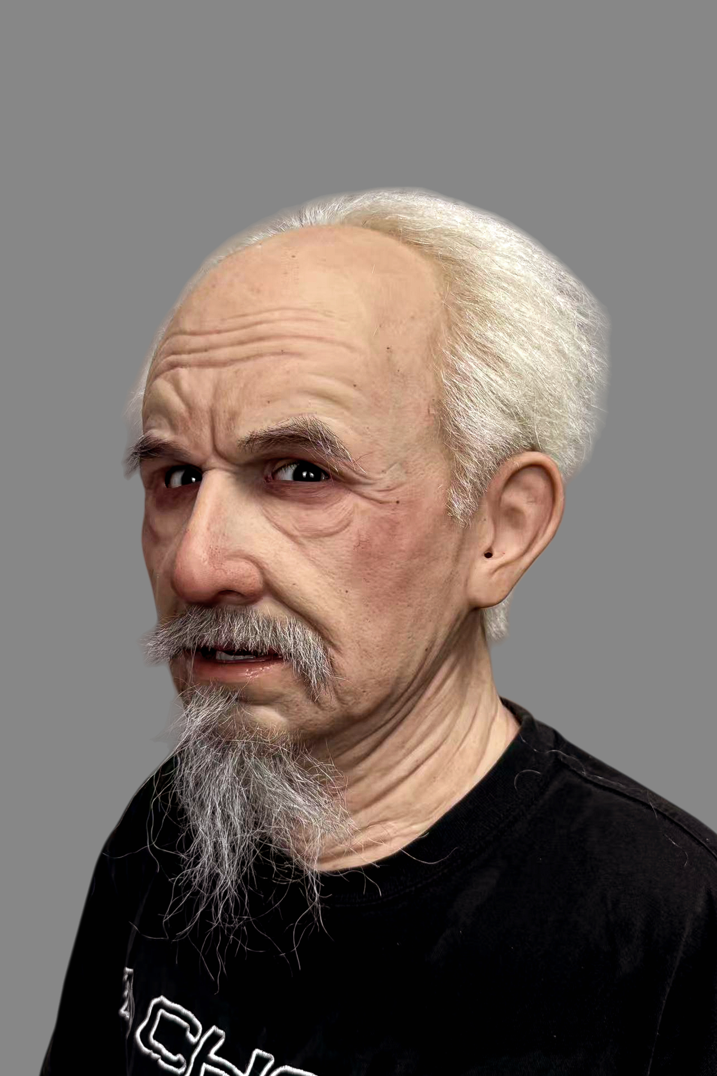 Premium hyper-realistic senior male silicone mask featuring long gray-white beard, deep forehead wrinkles and aged skin texture, front view.