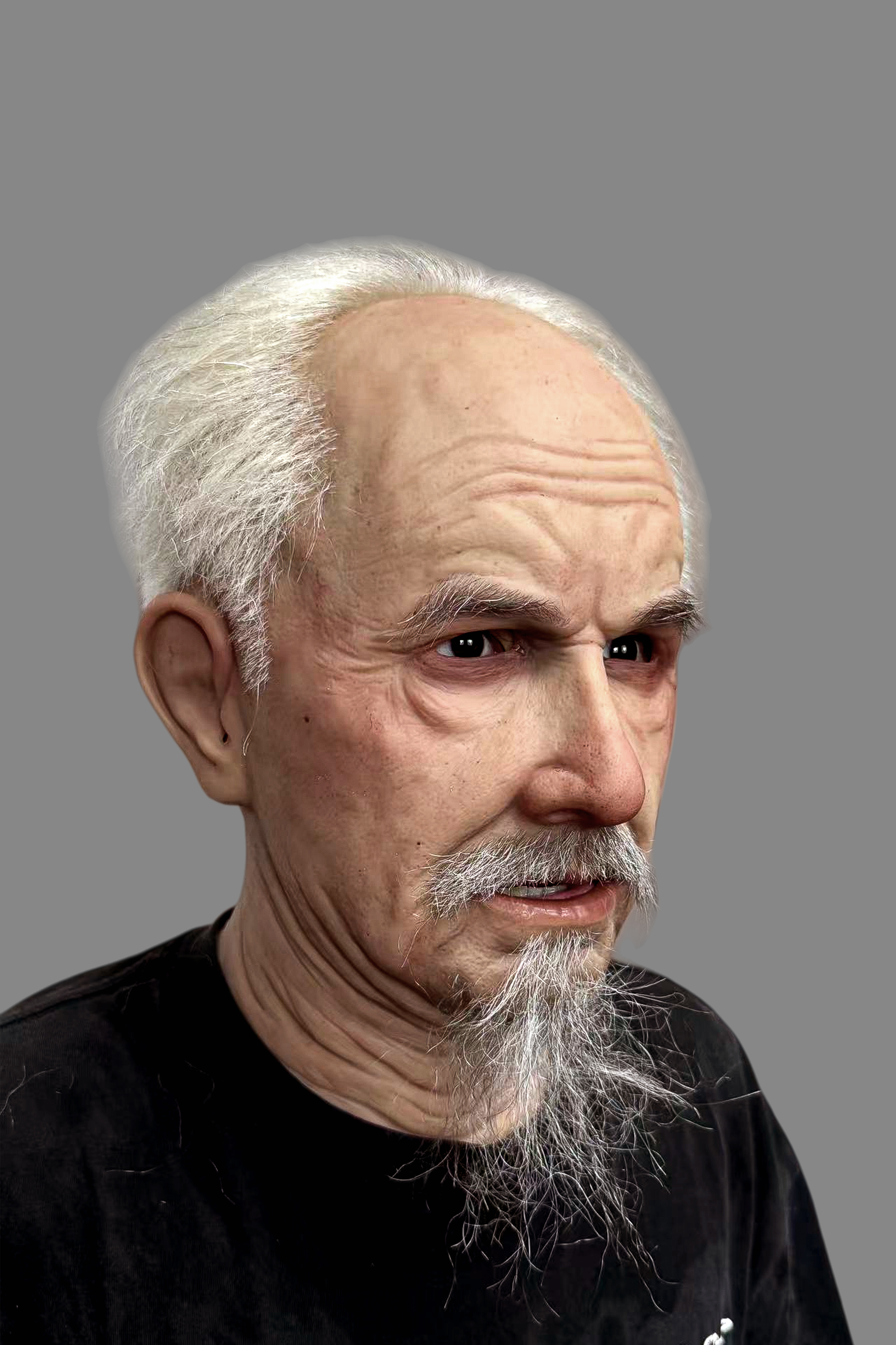 Professional-grade realistic old wizard silicone mask with white beard, sparse white hair and lifelike pores, worn with stern expression.
