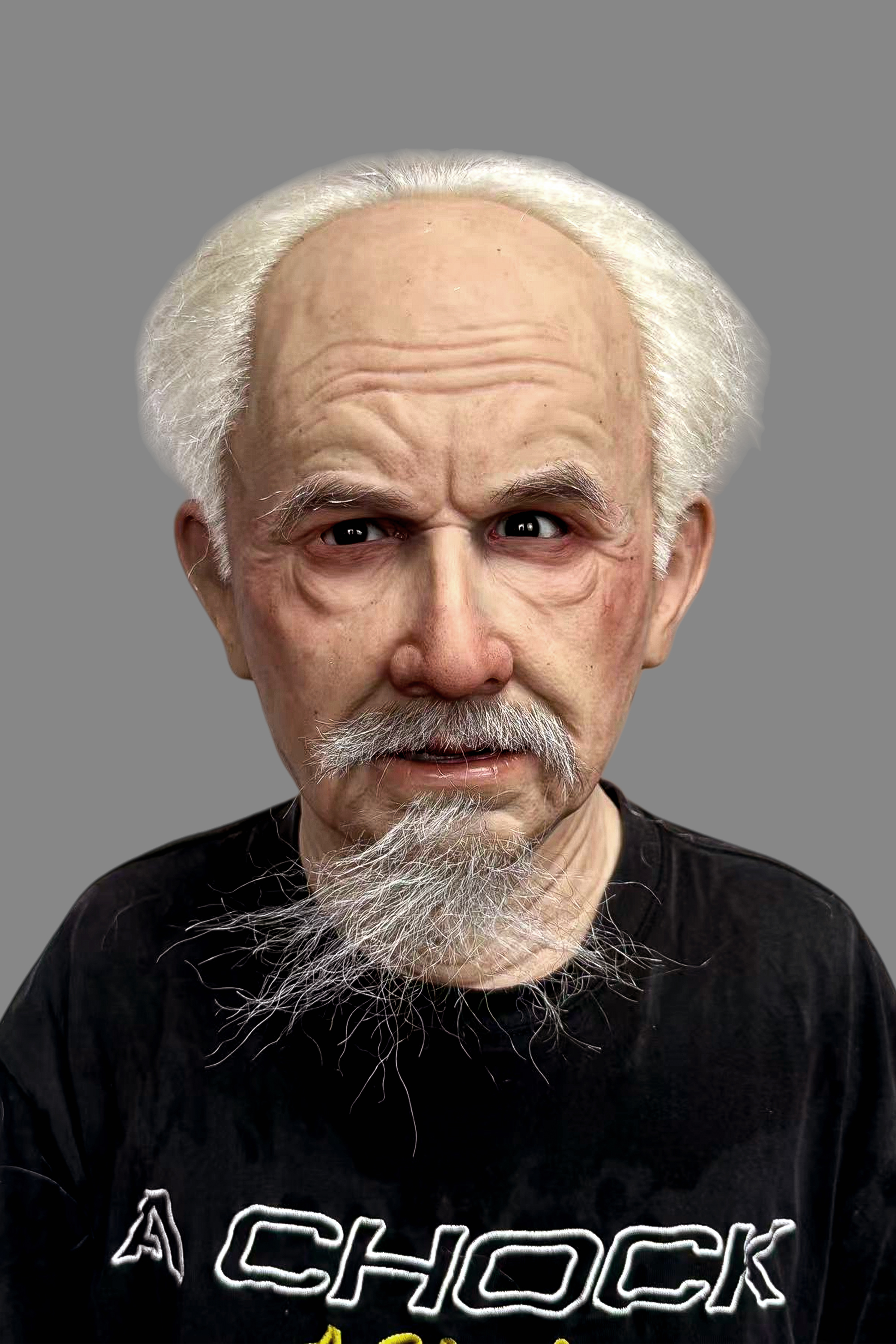 Ultra-lifelike old man silicone disguise mask with full white beard, realistic wrinkles and hand-punched white hair, front display.
