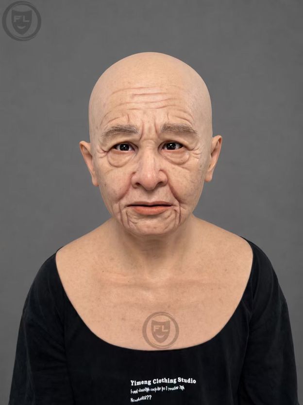 Realistic silicone mask of an elderly woman, with texture