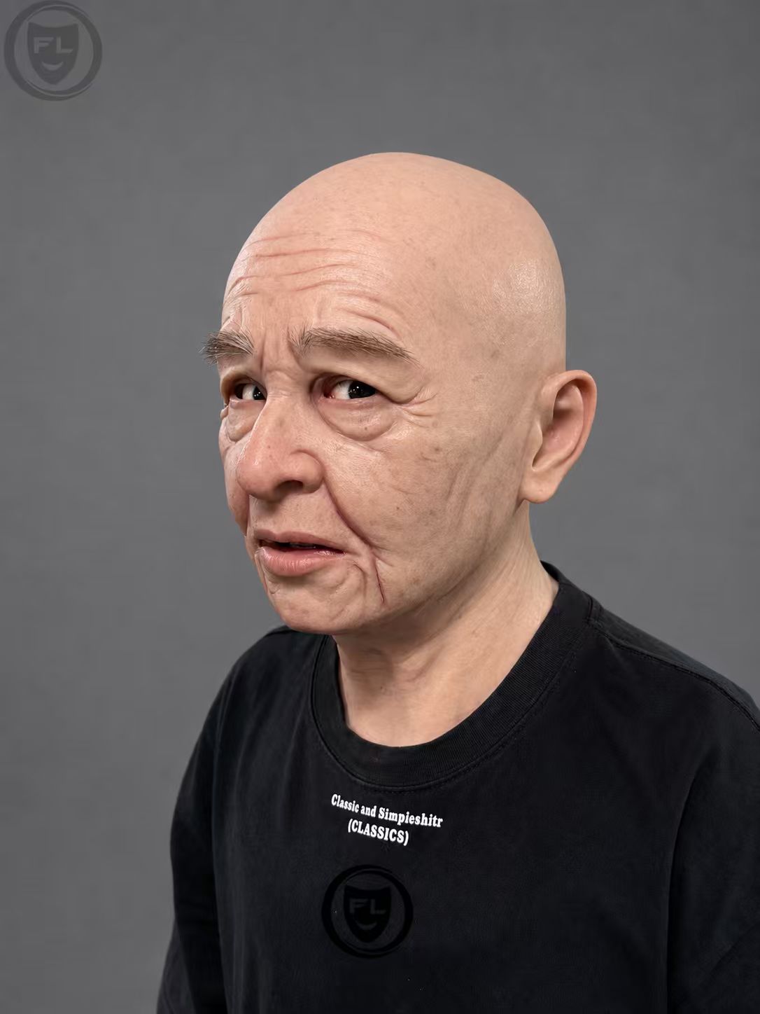 Realistic silicone mask of an elderly woman, with texture