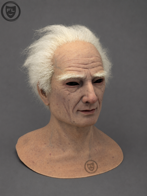 Realistic elderly male silicone mask worn from left side angle