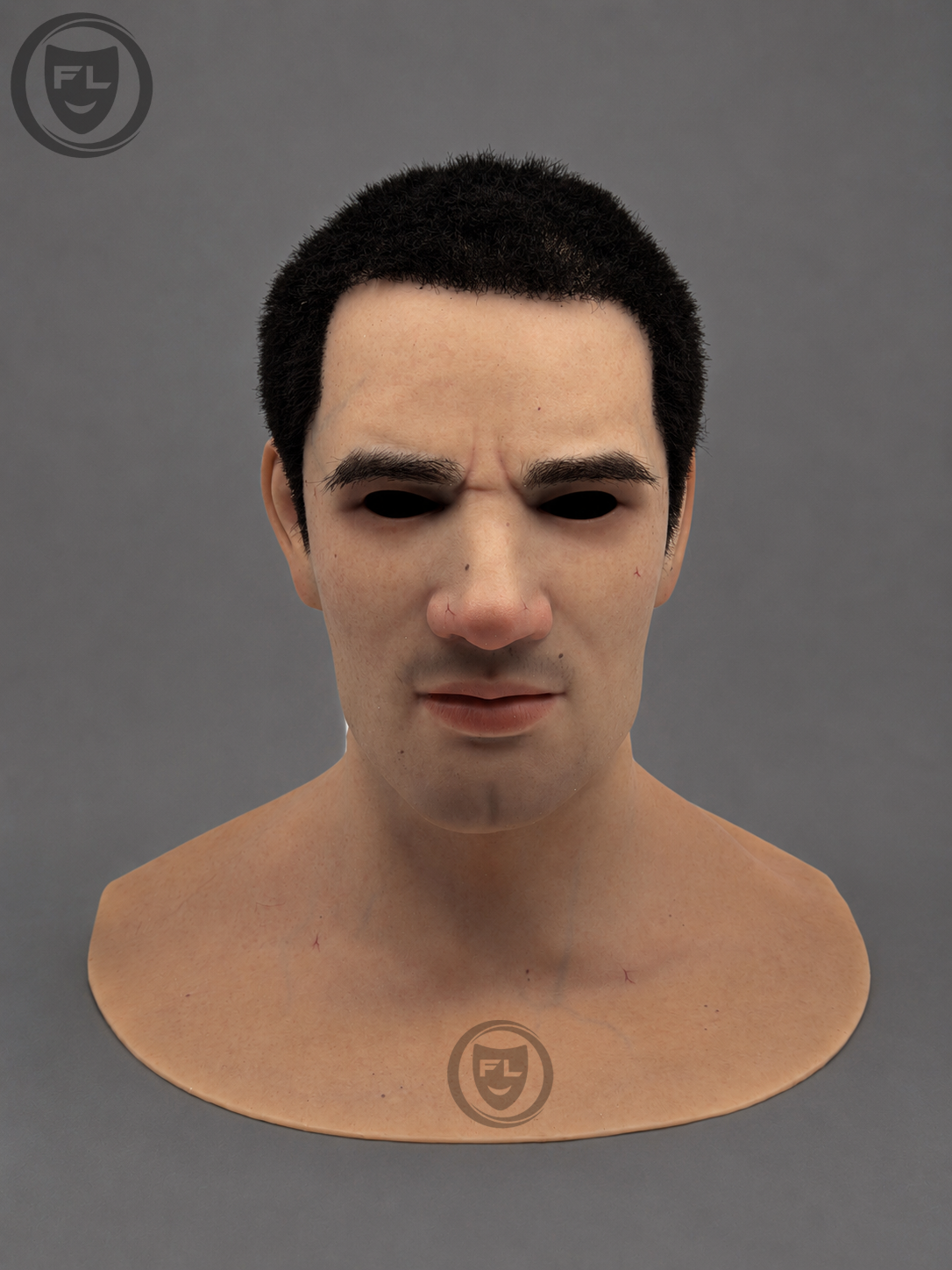 Marcus full head silicone mask with black hair displayed from front